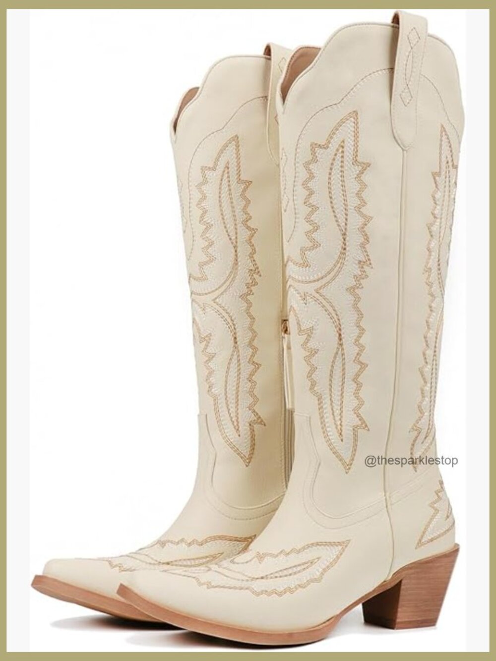 Knee High Cowgirl Boots Pointed Toe Chunky Heel Western Boots Vintage Tall Boots